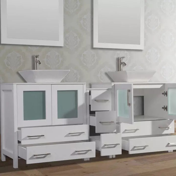 Vanity Art 72 Inch Double Sink Vanity Cabinet with Sink and Mirrors (Vessel Sink) - 1 Side Cabinet VA3130-72