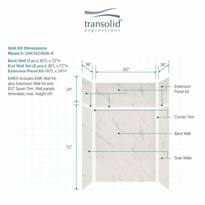 Transolid Expressions 36 in. x 60 in. x 96 in. 6-Piece Easy Up Adhesive Alcove Shower Wall Surround EWKX36367224