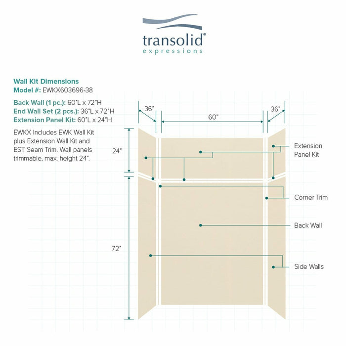 Transolid Expressions 36 in. x 60 in. x 96 in. 6-Piece Easy Up Adhesive Alcove Shower Wall Surround EWKX36367224