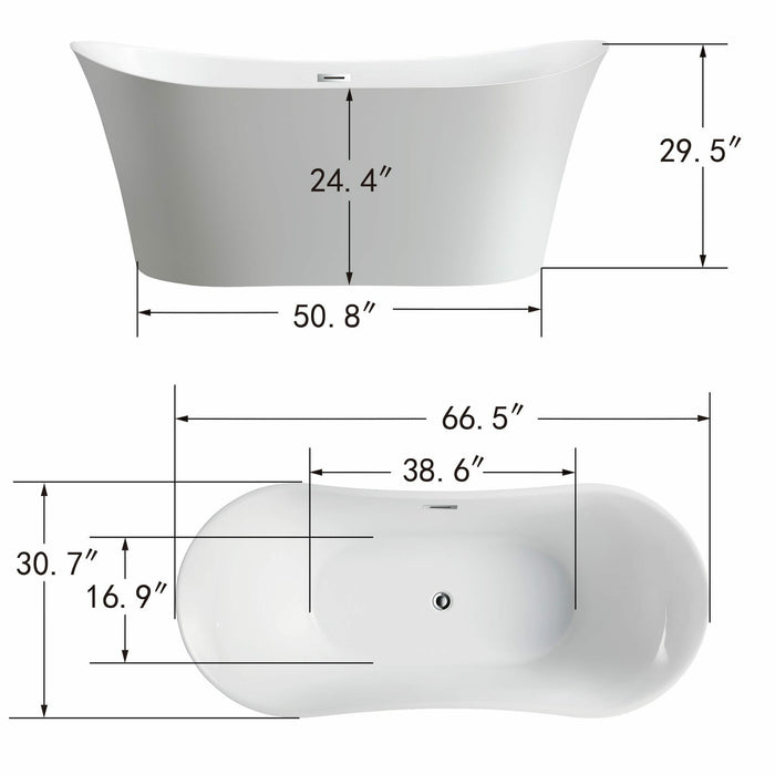 Vanity Art 67 Inch Freestanding White Acrylic Bathtub VA6805