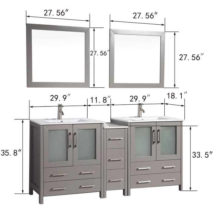 Vanity Art 72 Inch Vanity Cabinet With Ceramic Sinks & Mirrors White VA3030-72-W