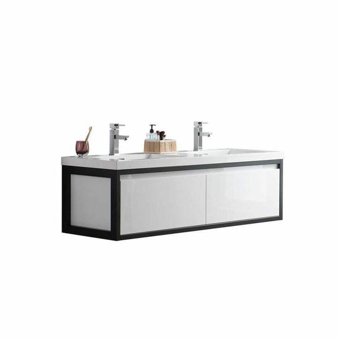 Moreno Bath Lake 60 Inch Wall Mounted Modern Vanity With Matte Black Stainless Steel Frame Lake60WHMB