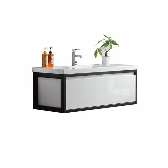 Moreno Bath Lake 48 Inch Wall Mounted Modern Vanity With Matte Black Stainless Steel Frame Lake48WHMB